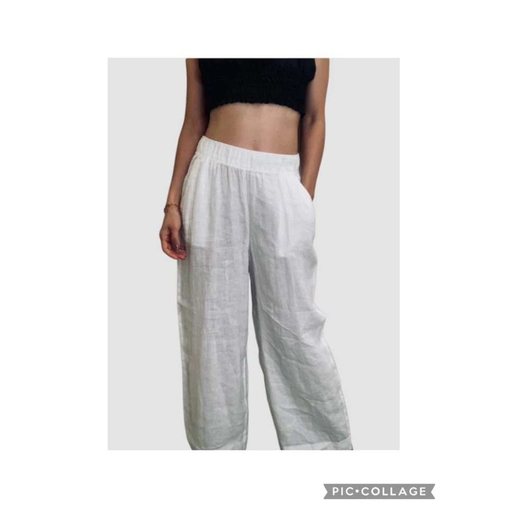 NWOT Tahari XL White Linen Cropped Wide Leg Lounge Pants Elastic Waist Beach Sun